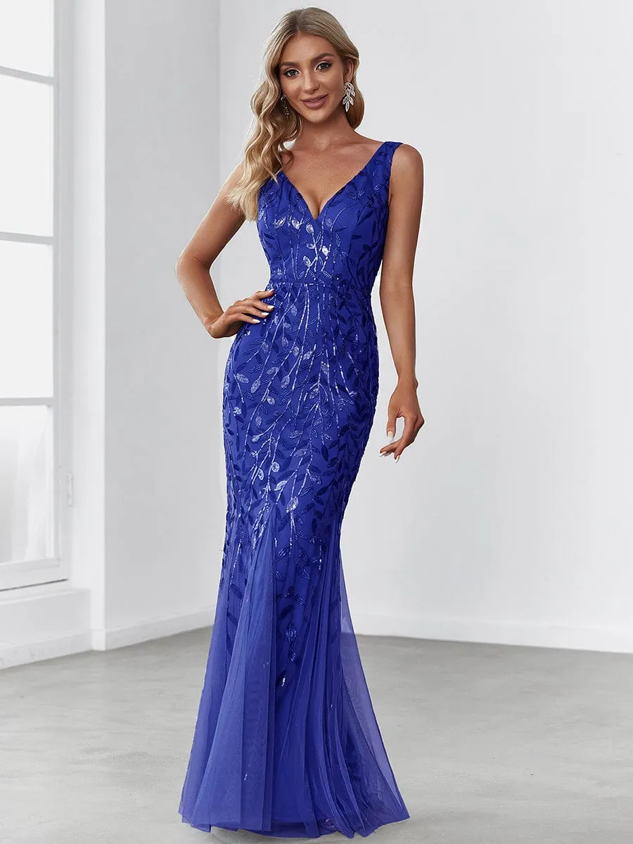 Plus Size Women's V-Neck Fishtail Sequin Evening Dress