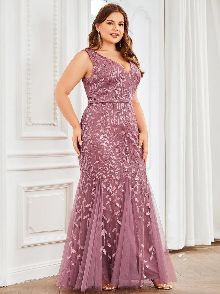 Plus Size Women's V-Neck Fishtail Sequin Evening Dress