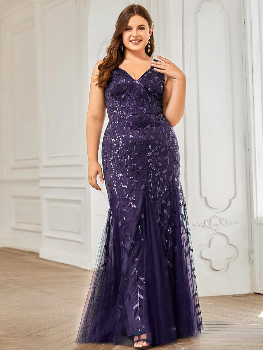 Plus Size Women's V-Neck Fishtail Sequin Evening Dress