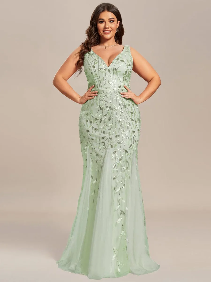 Plus Size Women's V-Neck Fishtail Sequin Evening Dress