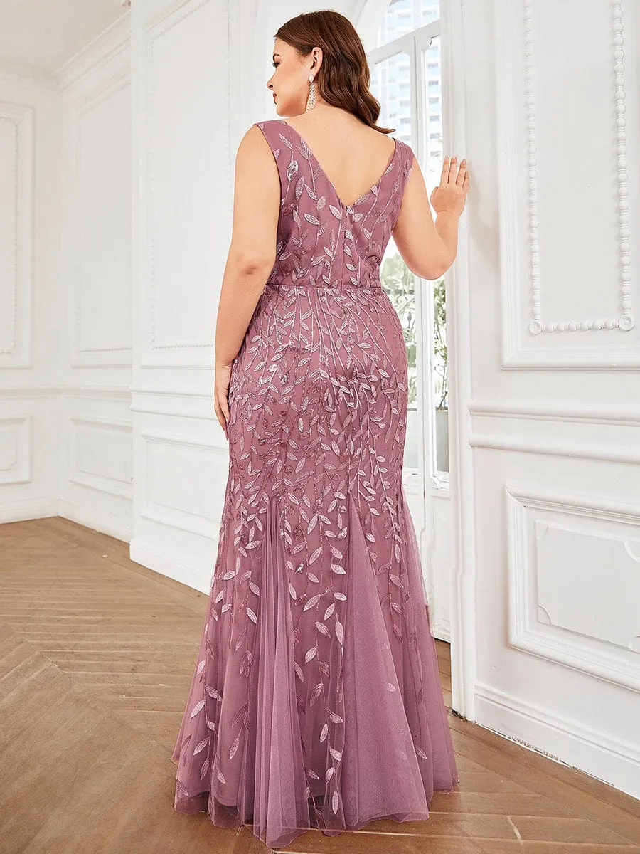 Plus Size Women's V-Neck Fishtail Sequin Evening Dress