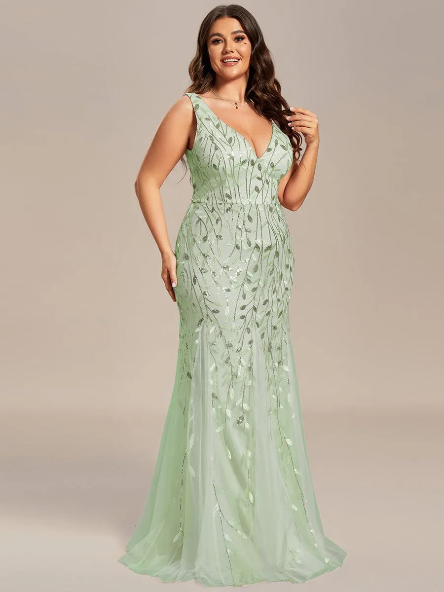 Plus Size Women's V-Neck Fishtail Sequin Evening Dress