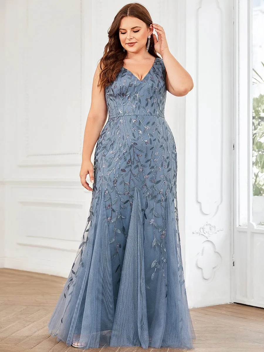 Plus Size Women's V-Neck Fishtail Sequin Evening Dress