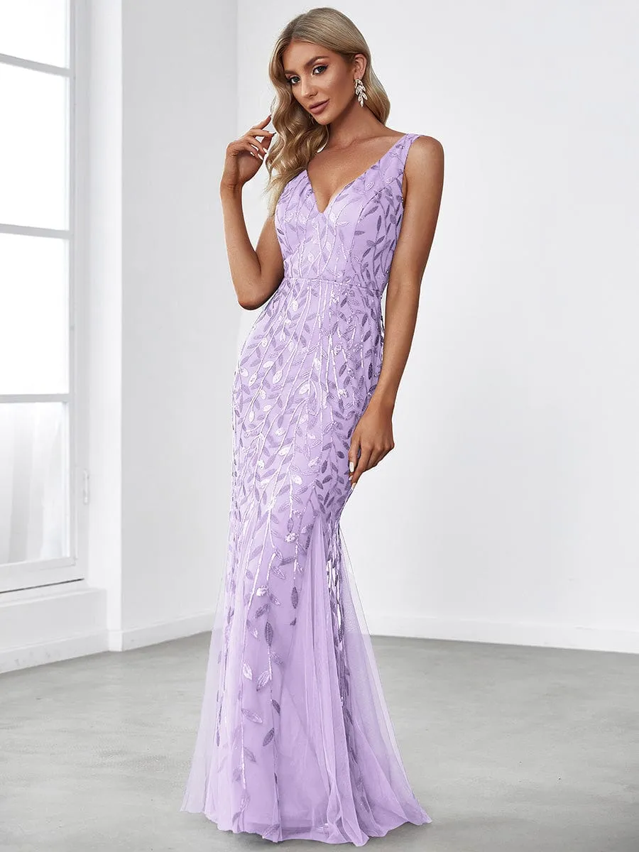 Plus Size Women's V-Neck Fishtail Sequin Evening Dress