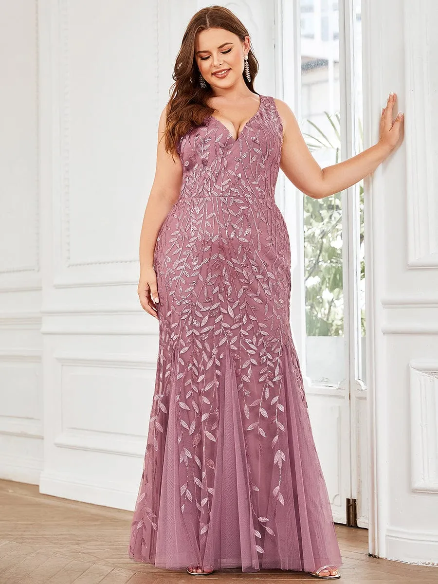 Plus Size Women's V-Neck Fishtail Sequin Evening Dress