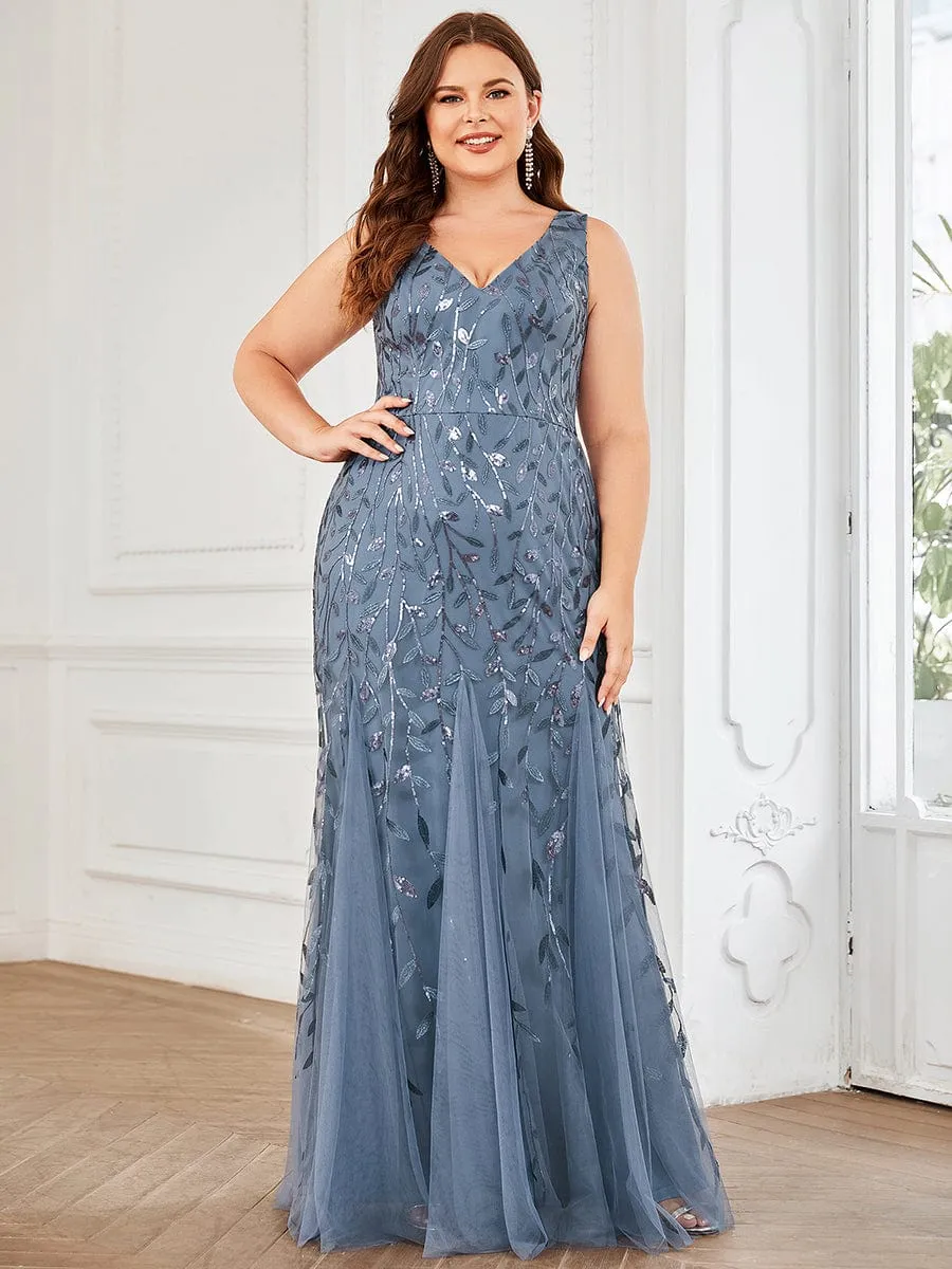 Plus Size Women's V-Neck Fishtail Sequin Evening Dress
