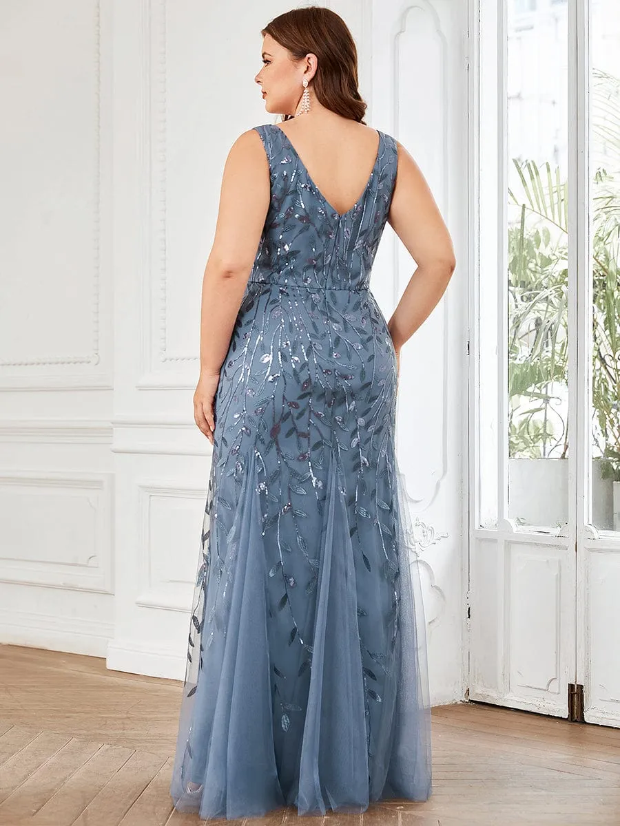 Plus Size Women's V-Neck Fishtail Sequin Evening Dress