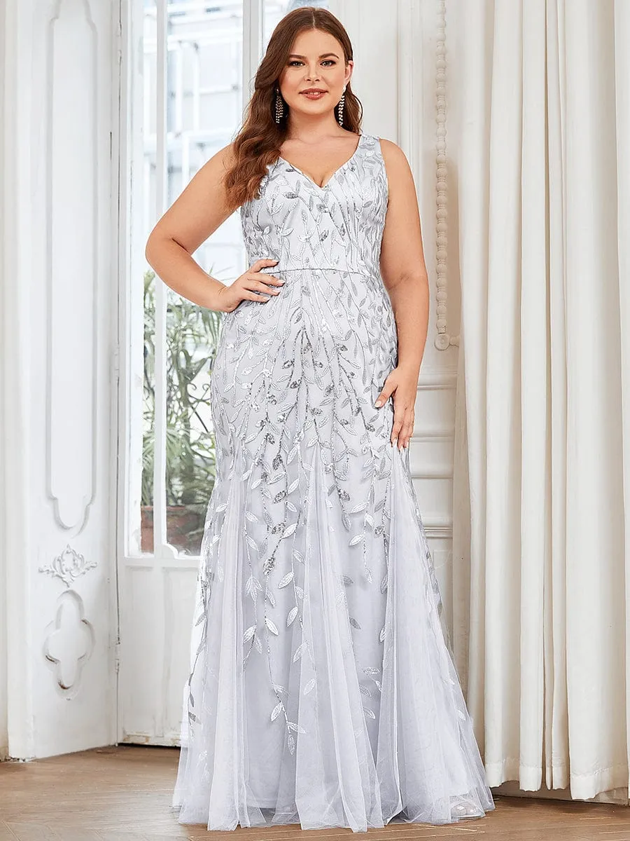 Plus Size Women's V-Neck Fishtail Sequin Evening Dress
