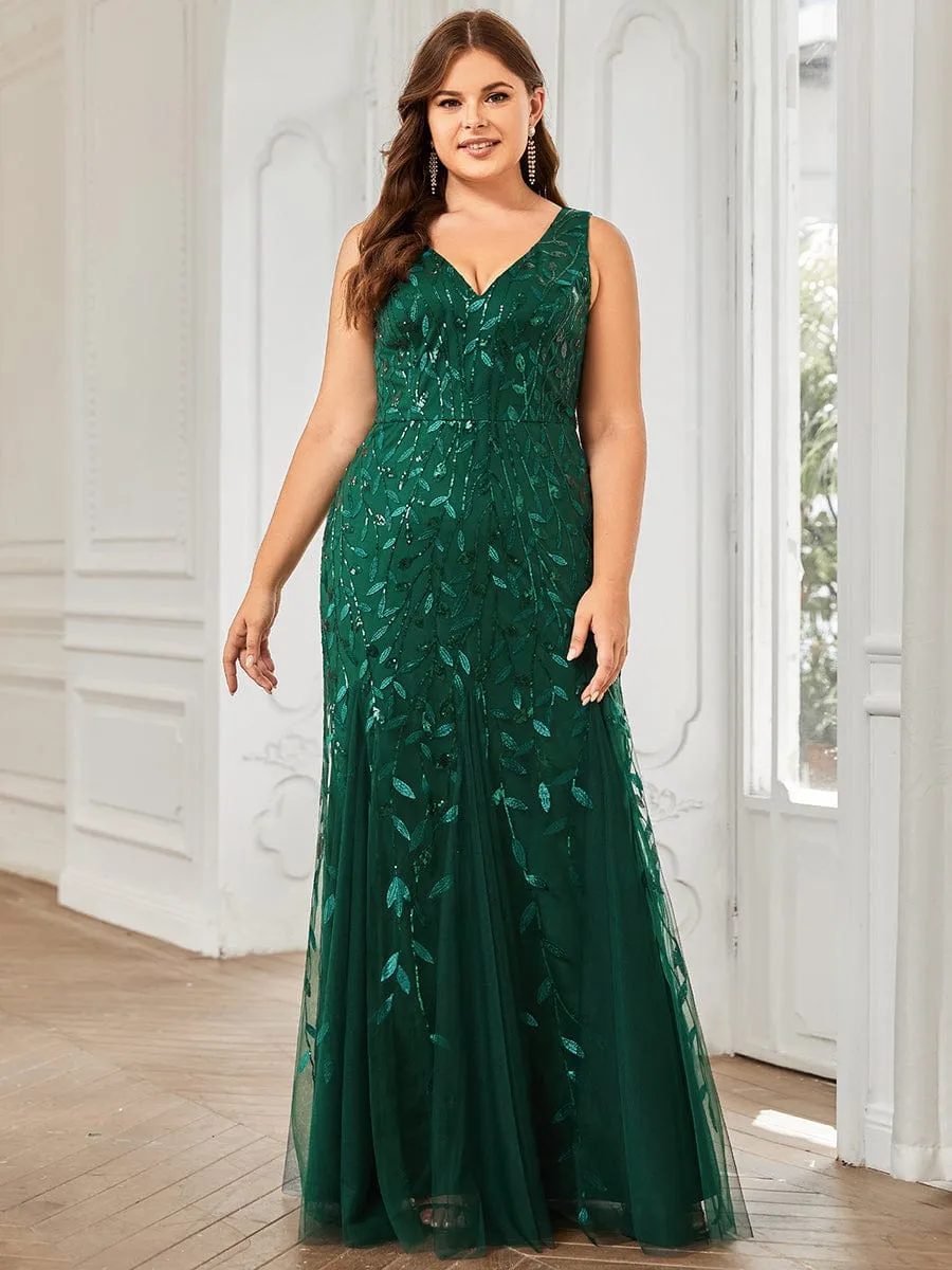 Plus Size Women's V-Neck Fishtail Sequin Evening Dress