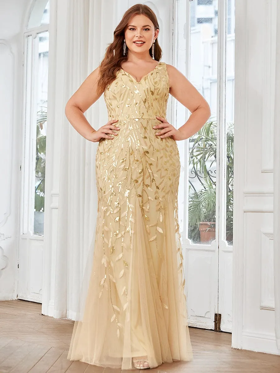 Plus Size Women's V-Neck Fishtail Sequin Evening Dress