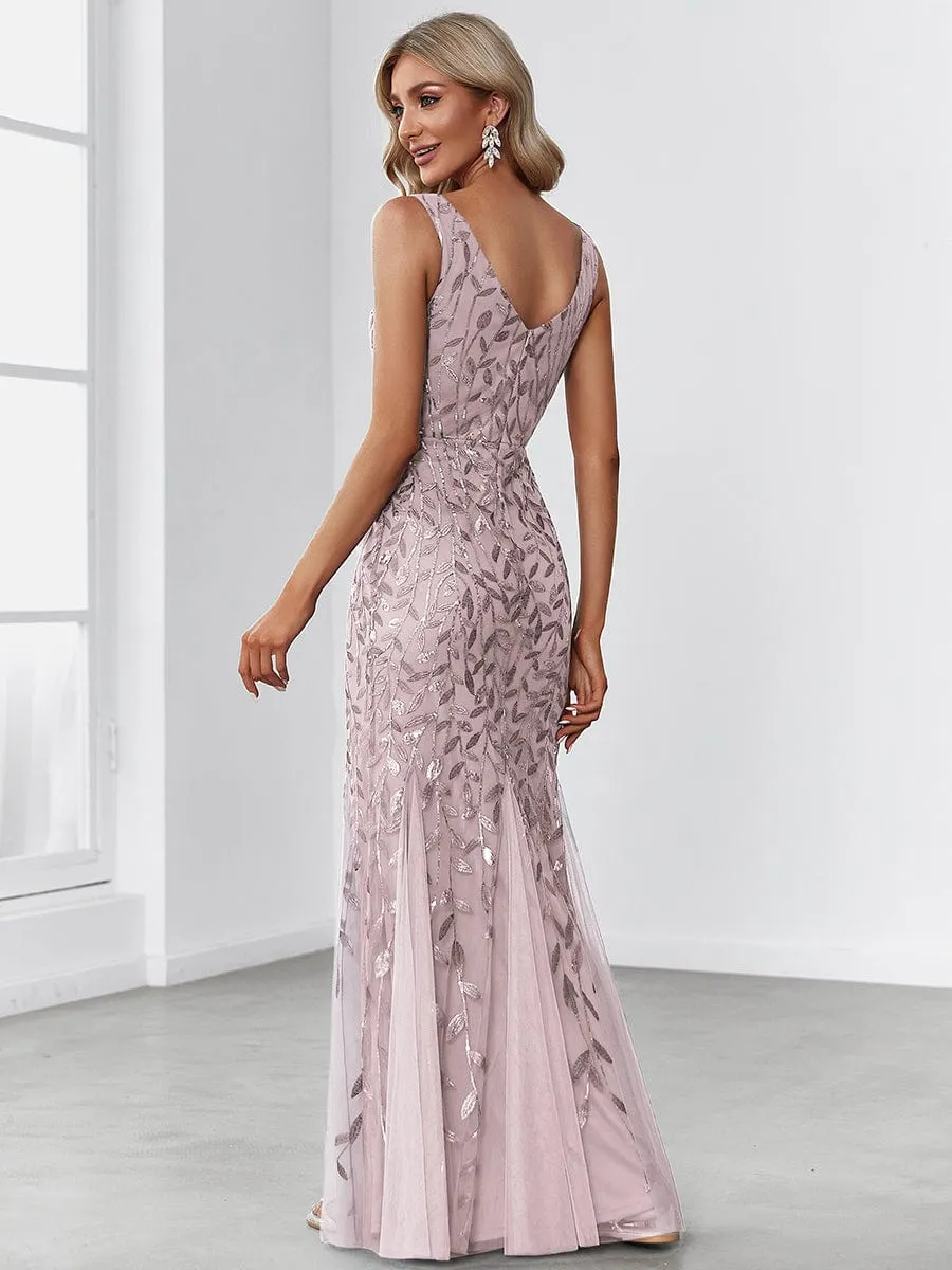 Plus Size Women's V-Neck Fishtail Sequin Evening Dress