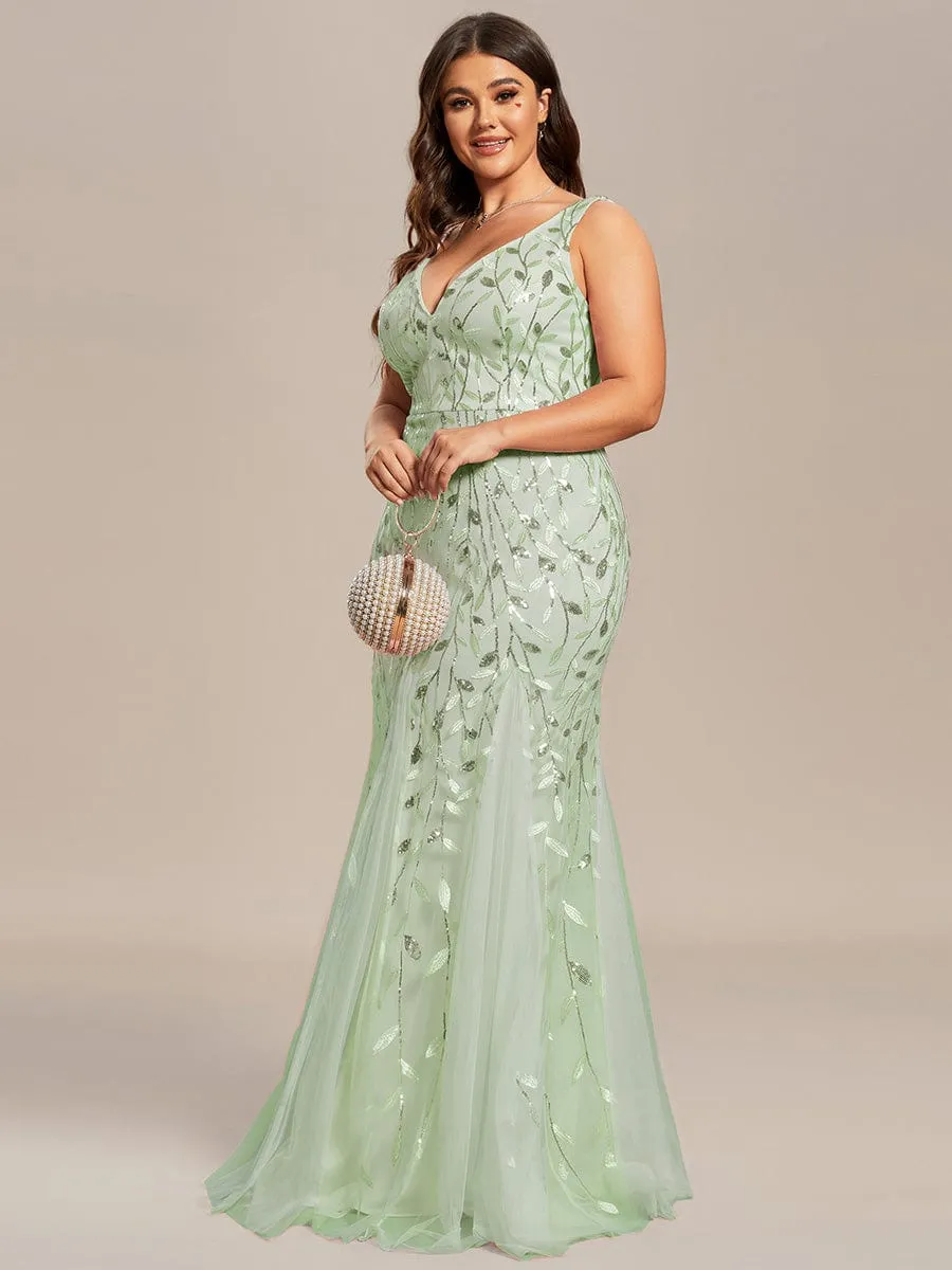 Plus Size Women's V-Neck Fishtail Sequin Evening Dress