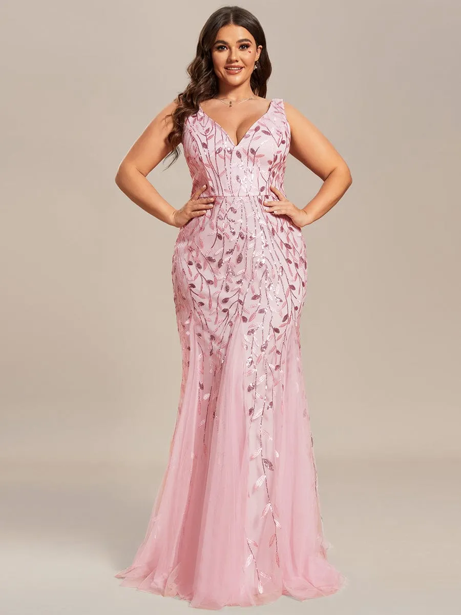 Plus Size Women's V-Neck Fishtail Sequin Evening Dress