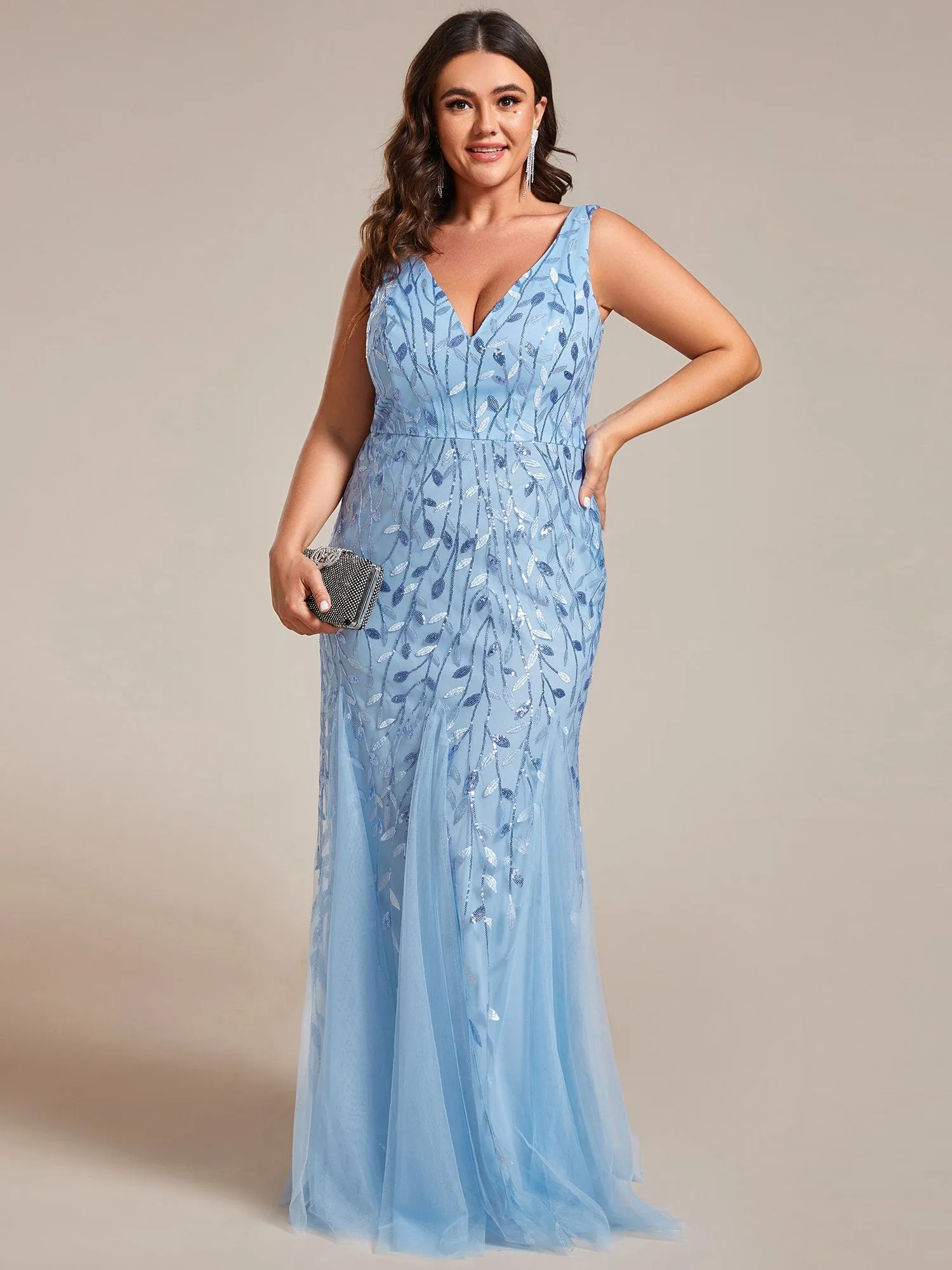 Plus Size Women's V-Neck Fishtail Sequin Evening Dress