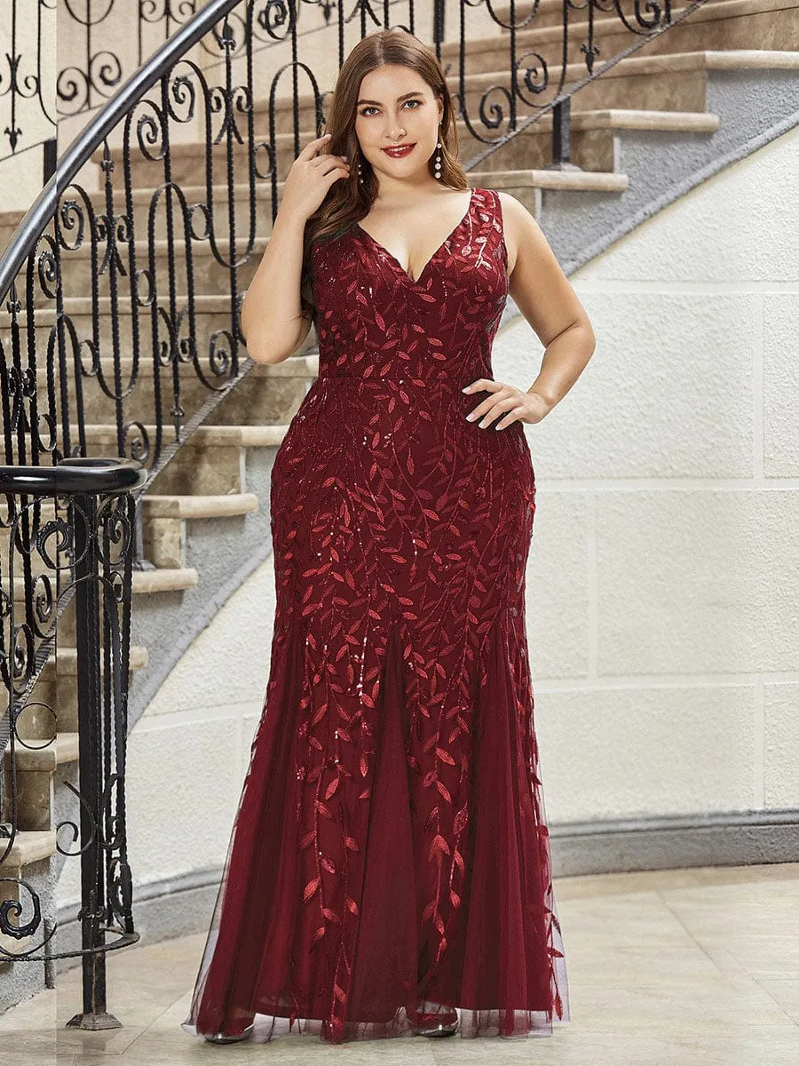 Plus Size Women's V-Neck Fishtail Sequin Evening Dress