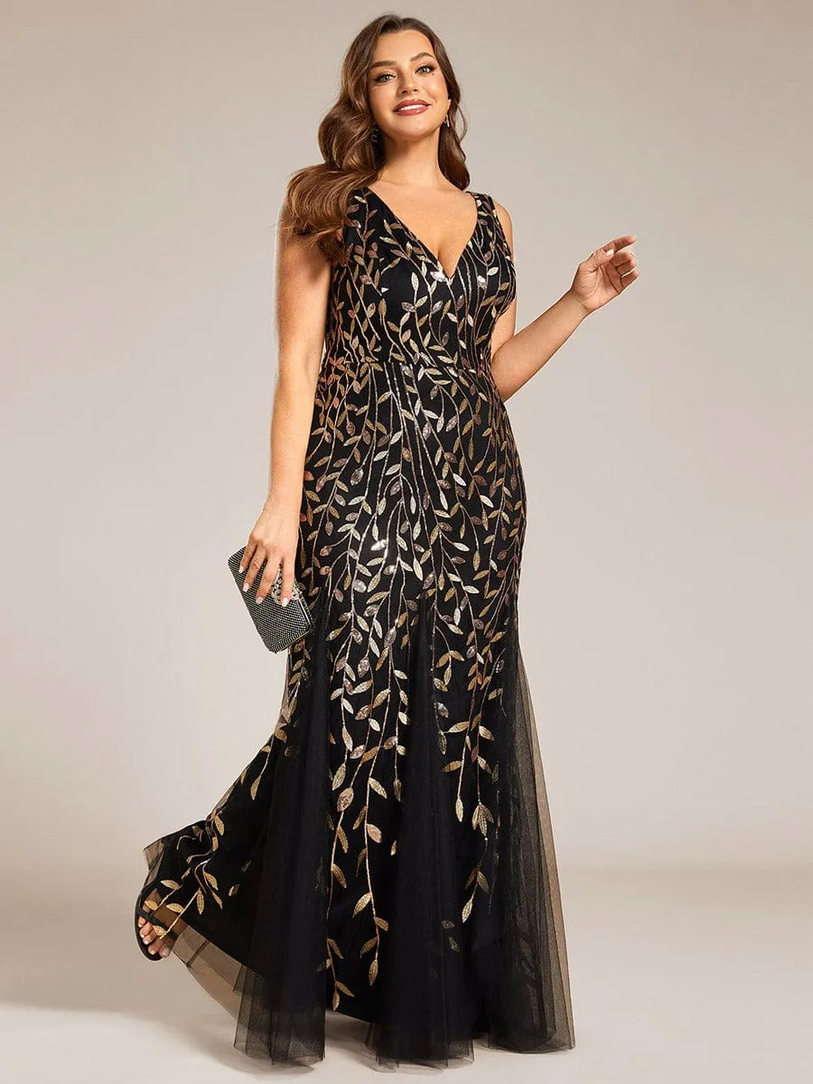 Plus Size Women's V-Neck Fishtail Sequin Evening Dress