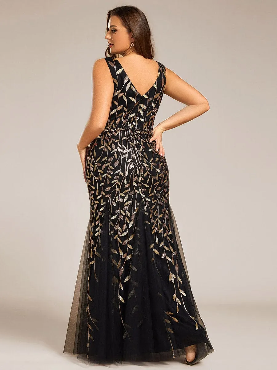 Plus Size Women's V-Neck Fishtail Sequin Evening Dress