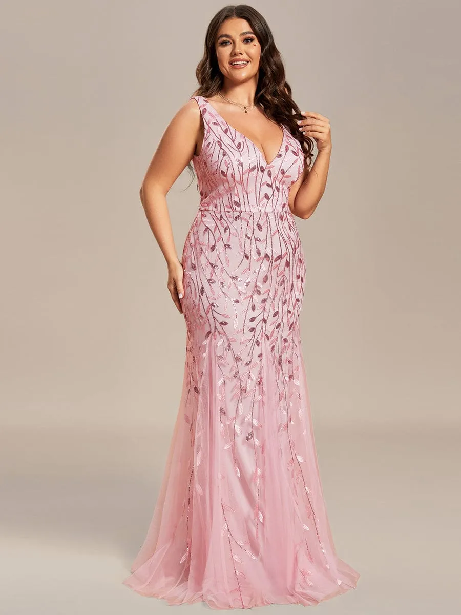 Plus Size Women's V-Neck Fishtail Sequin Evening Dress