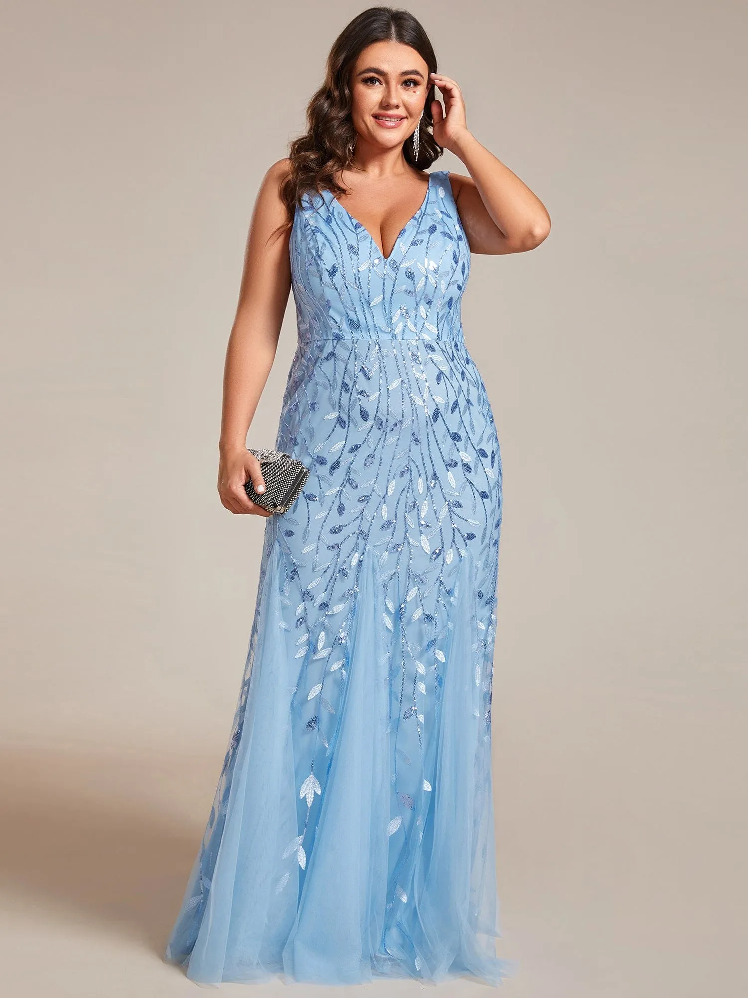 Plus Size Women's V-Neck Fishtail Sequin Evening Dress