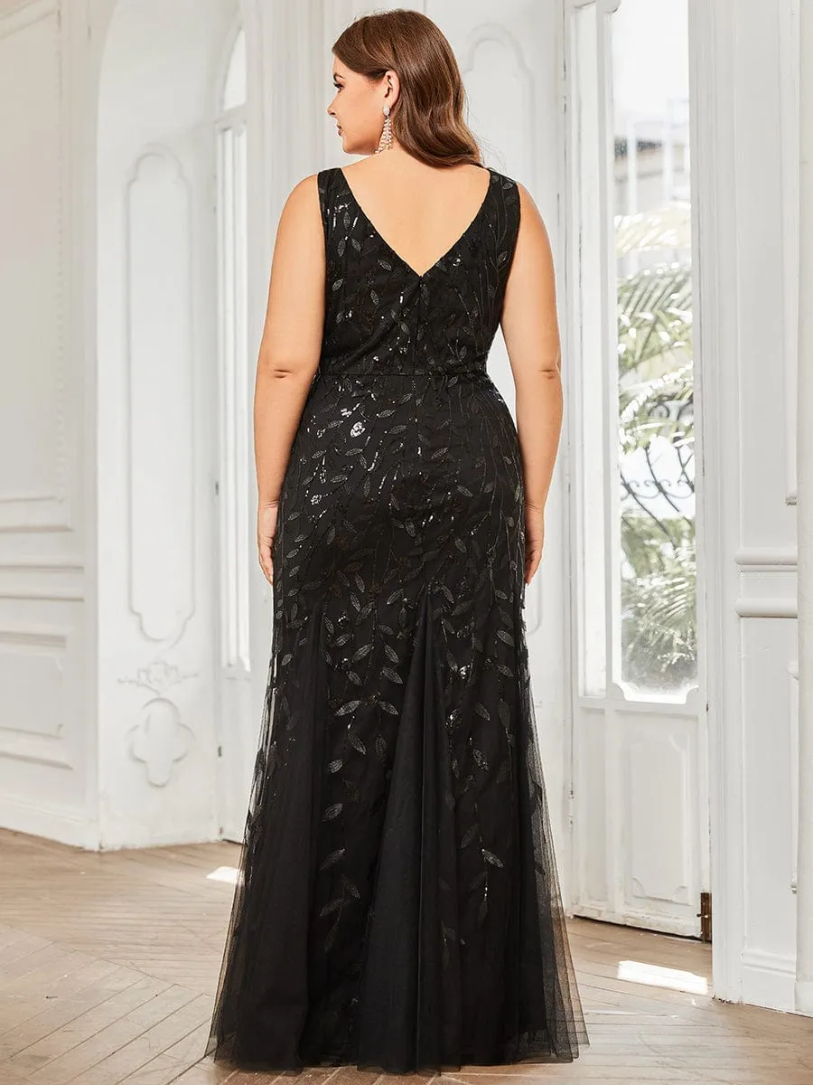Plus Size Women's V-Neck Fishtail Sequin Evening Dress