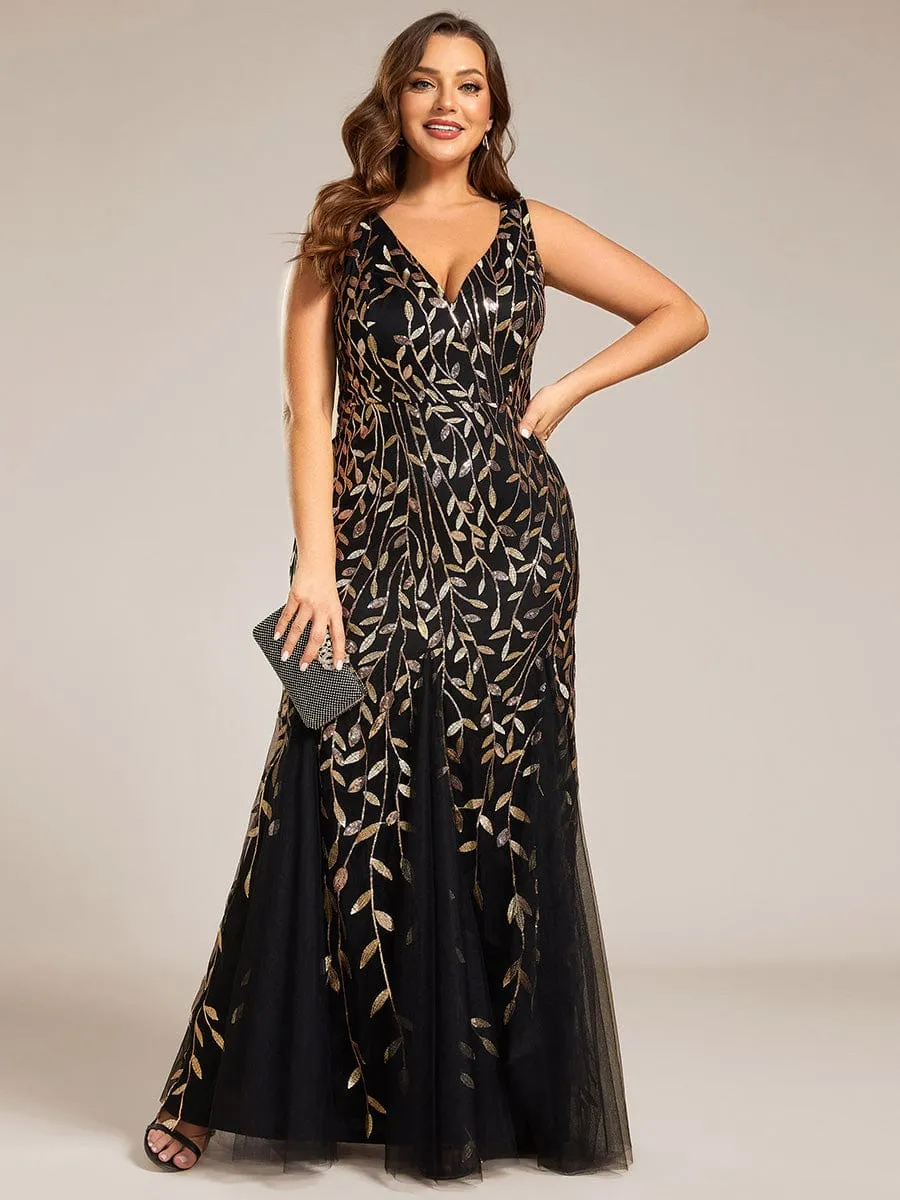 Plus Size Women's V-Neck Fishtail Sequin Evening Dress