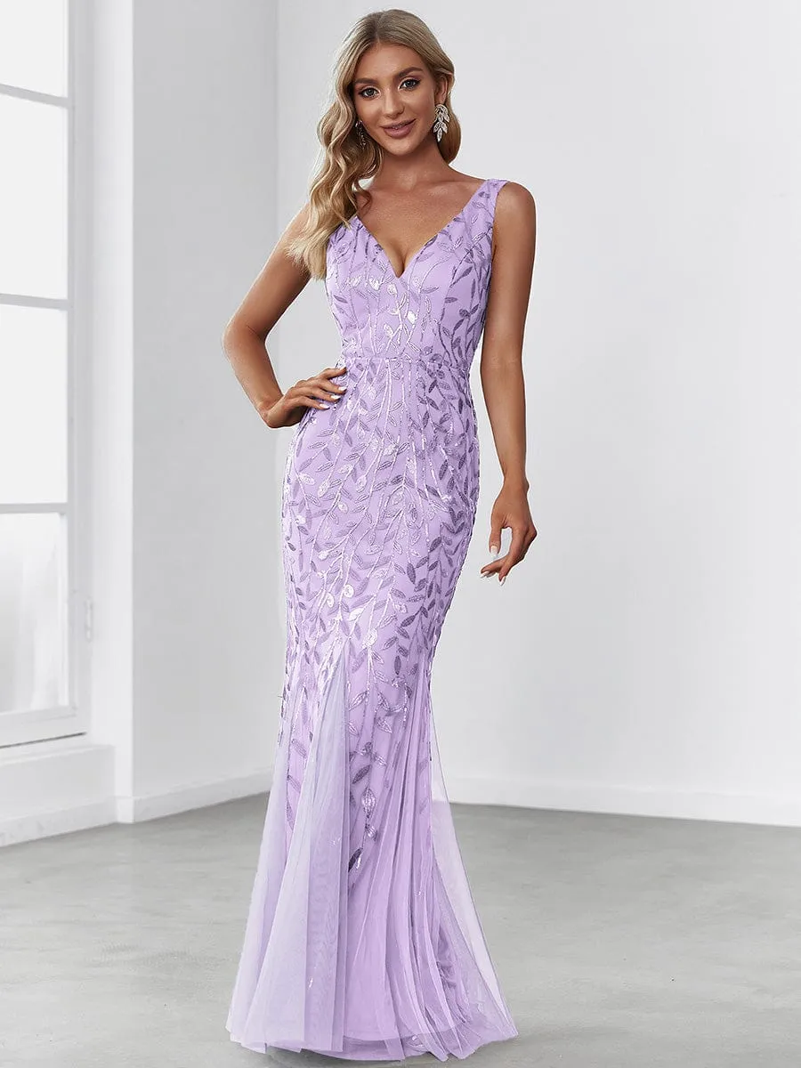Plus Size Women's V-Neck Fishtail Sequin Evening Dress