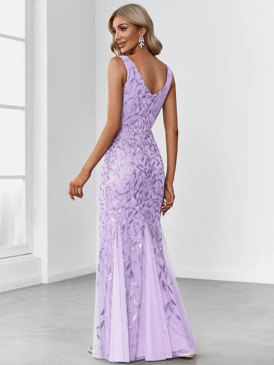 Plus Size Women's V-Neck Fishtail Sequin Evening Dress