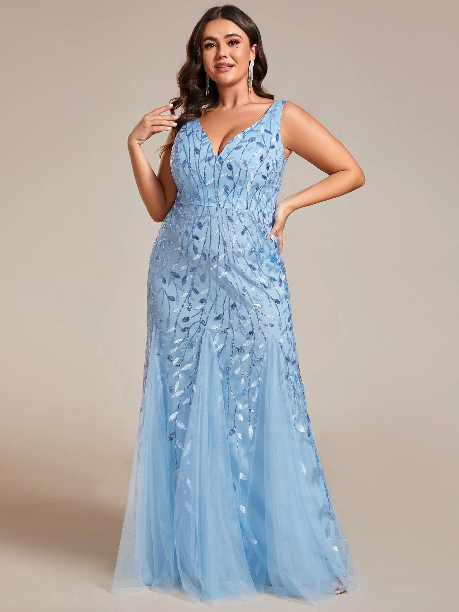 Plus Size Women's V-Neck Fishtail Sequin Evening Dress