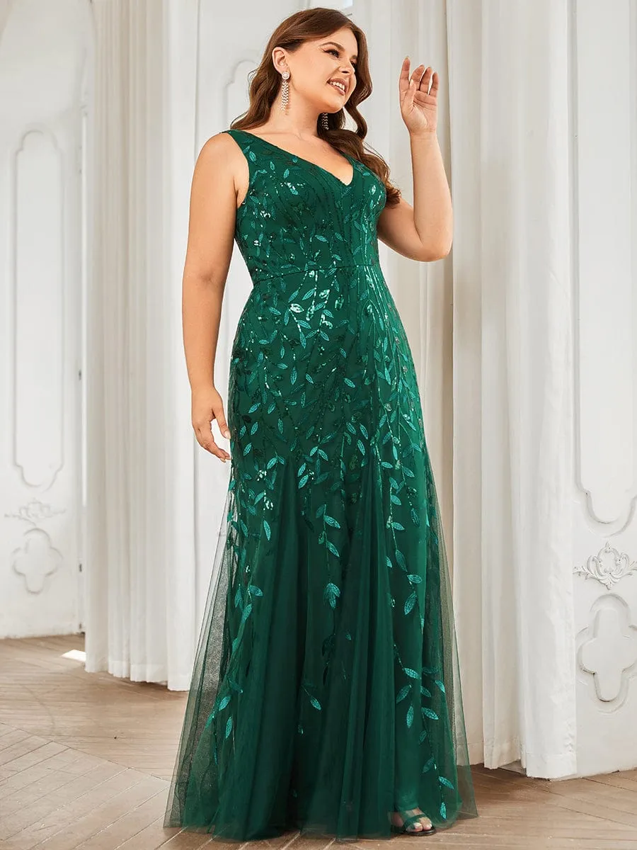 Plus Size Women's V-Neck Fishtail Sequin Evening Dress