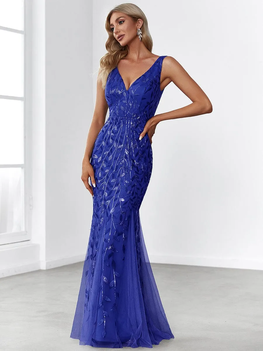 Plus Size Women's V-Neck Fishtail Sequin Evening Dress