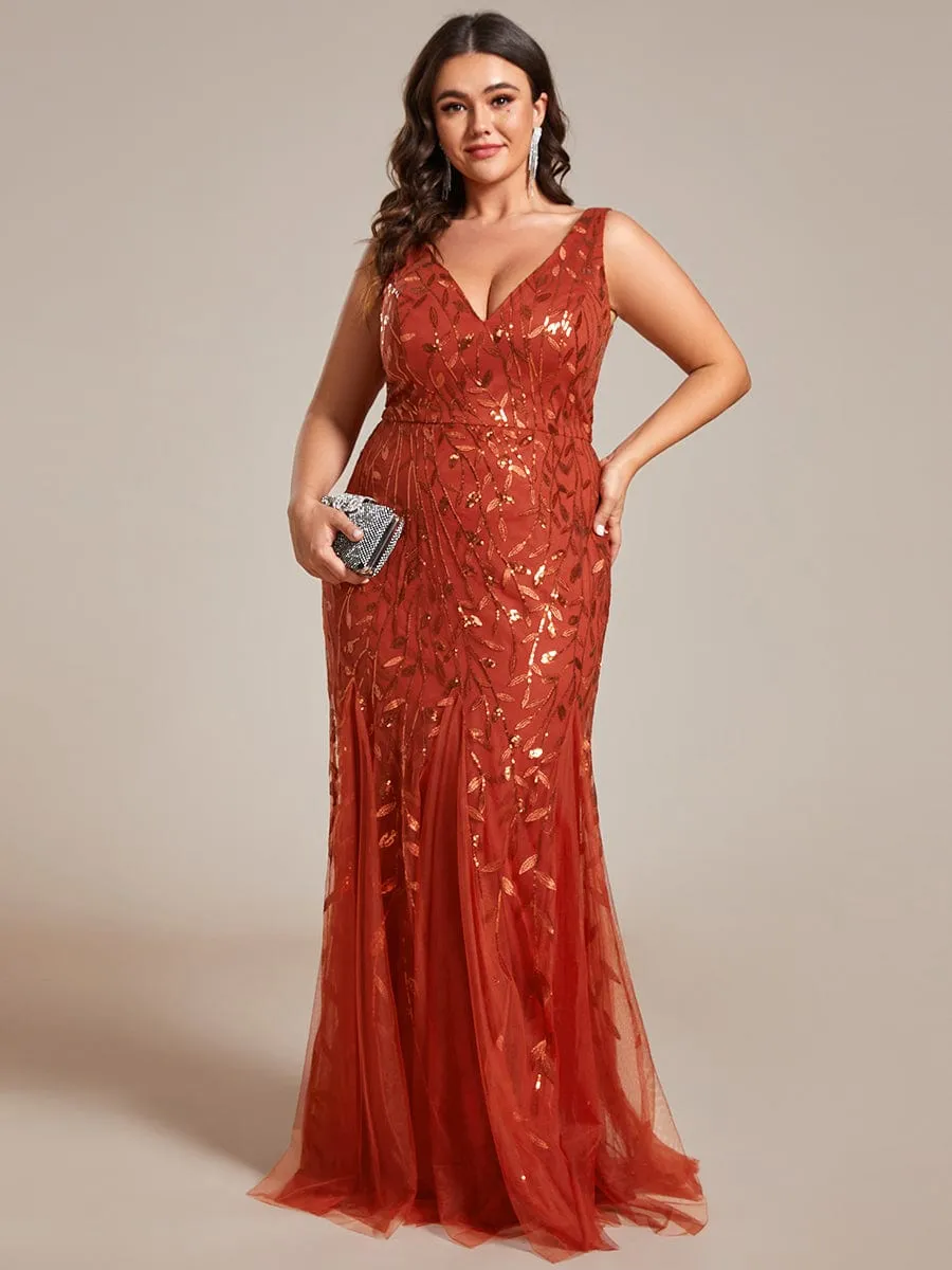 Plus Size Women's V-Neck Fishtail Sequin Evening Dress