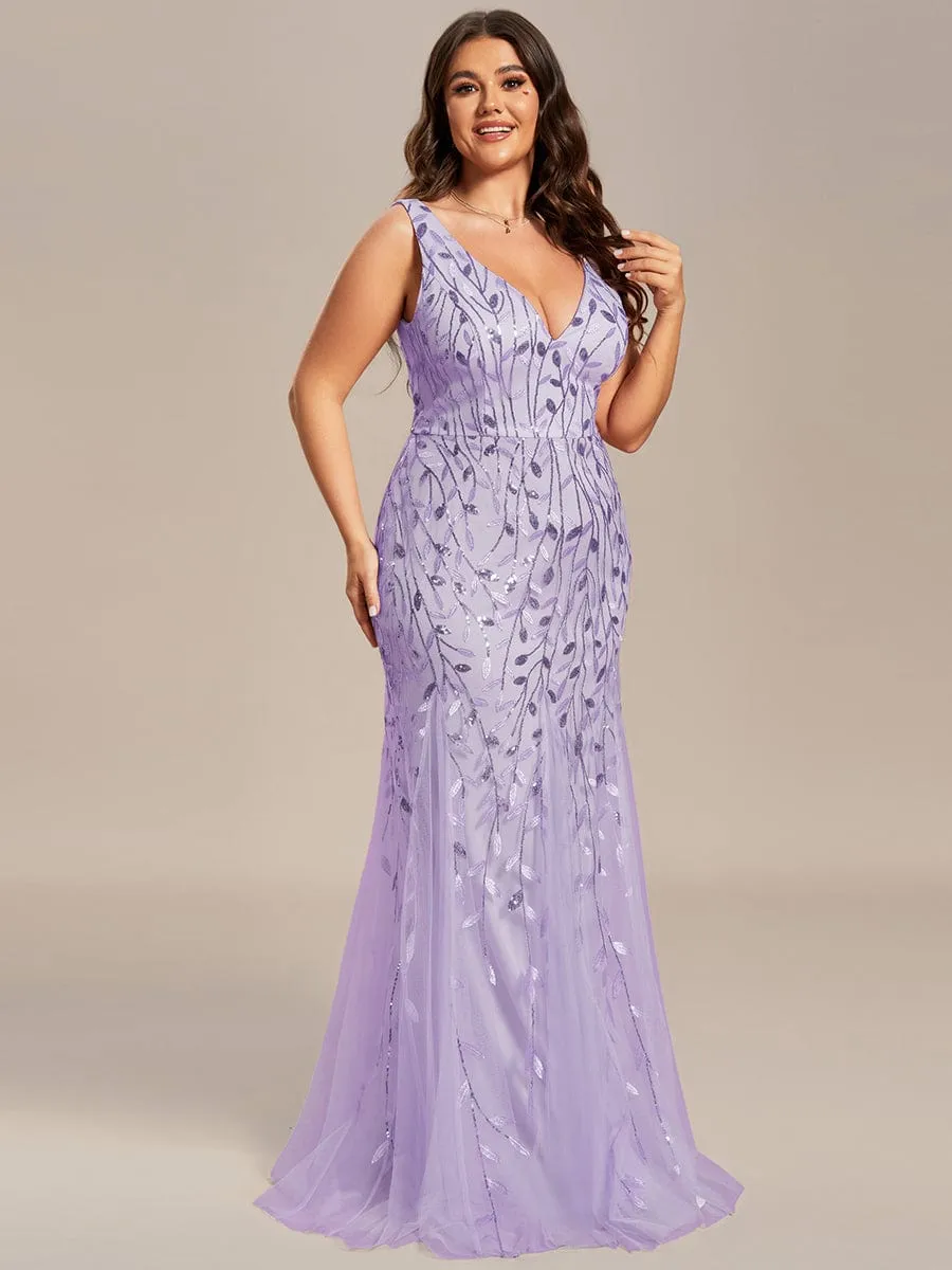 Plus Size Women's V-Neck Fishtail Sequin Evening Dress