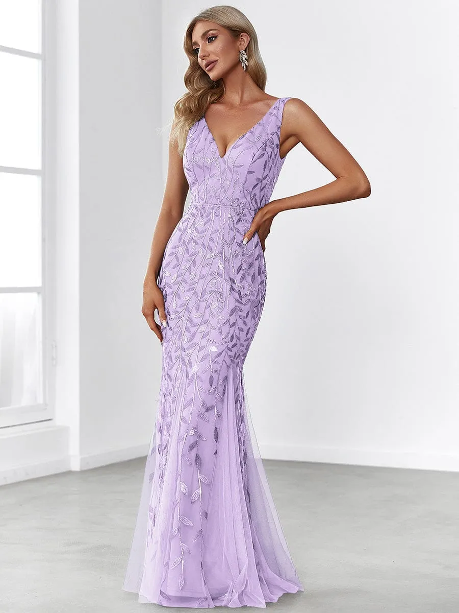 Plus Size Women's V-Neck Fishtail Sequin Evening Dress
