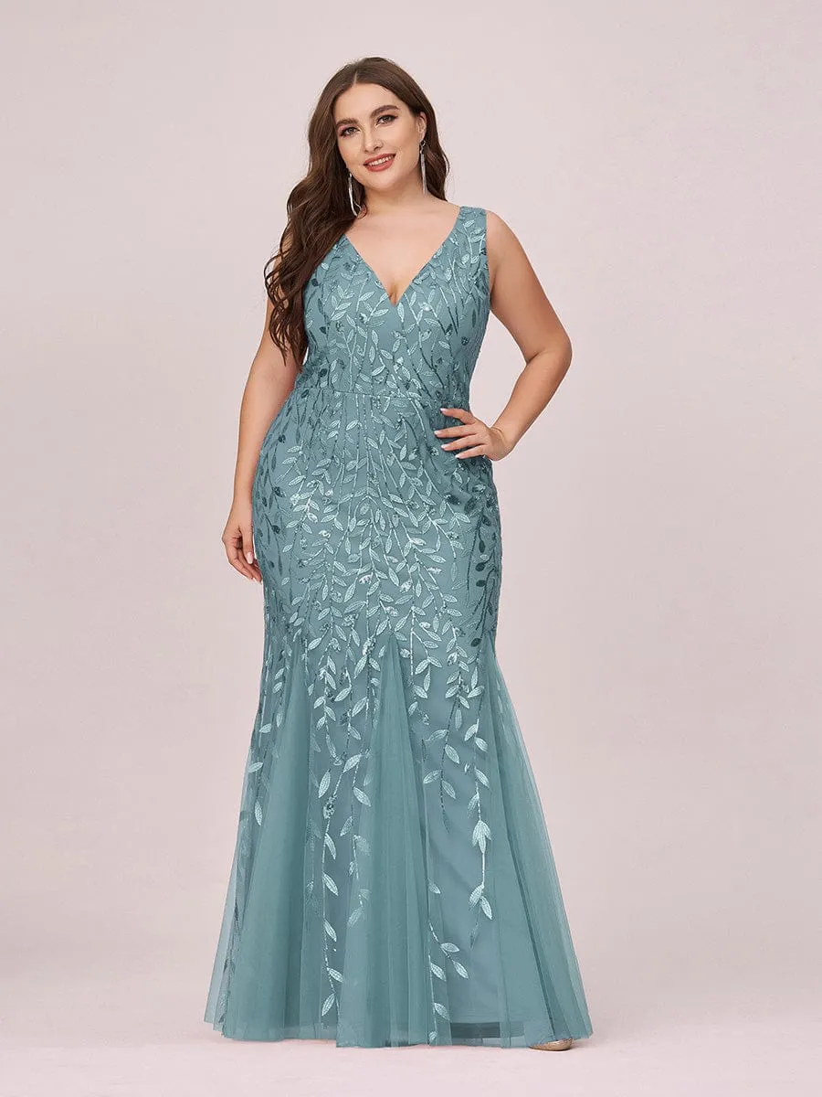 Plus Size Women's V-Neck Fishtail Sequin Evening Dress