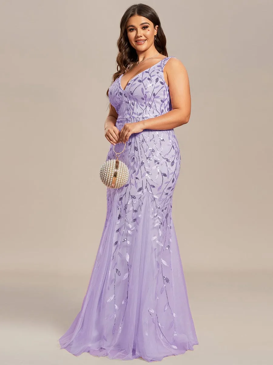 Plus Size Women's V-Neck Fishtail Sequin Evening Dress