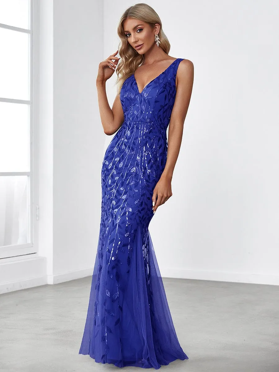 Plus Size Women's V-Neck Fishtail Sequin Evening Dress