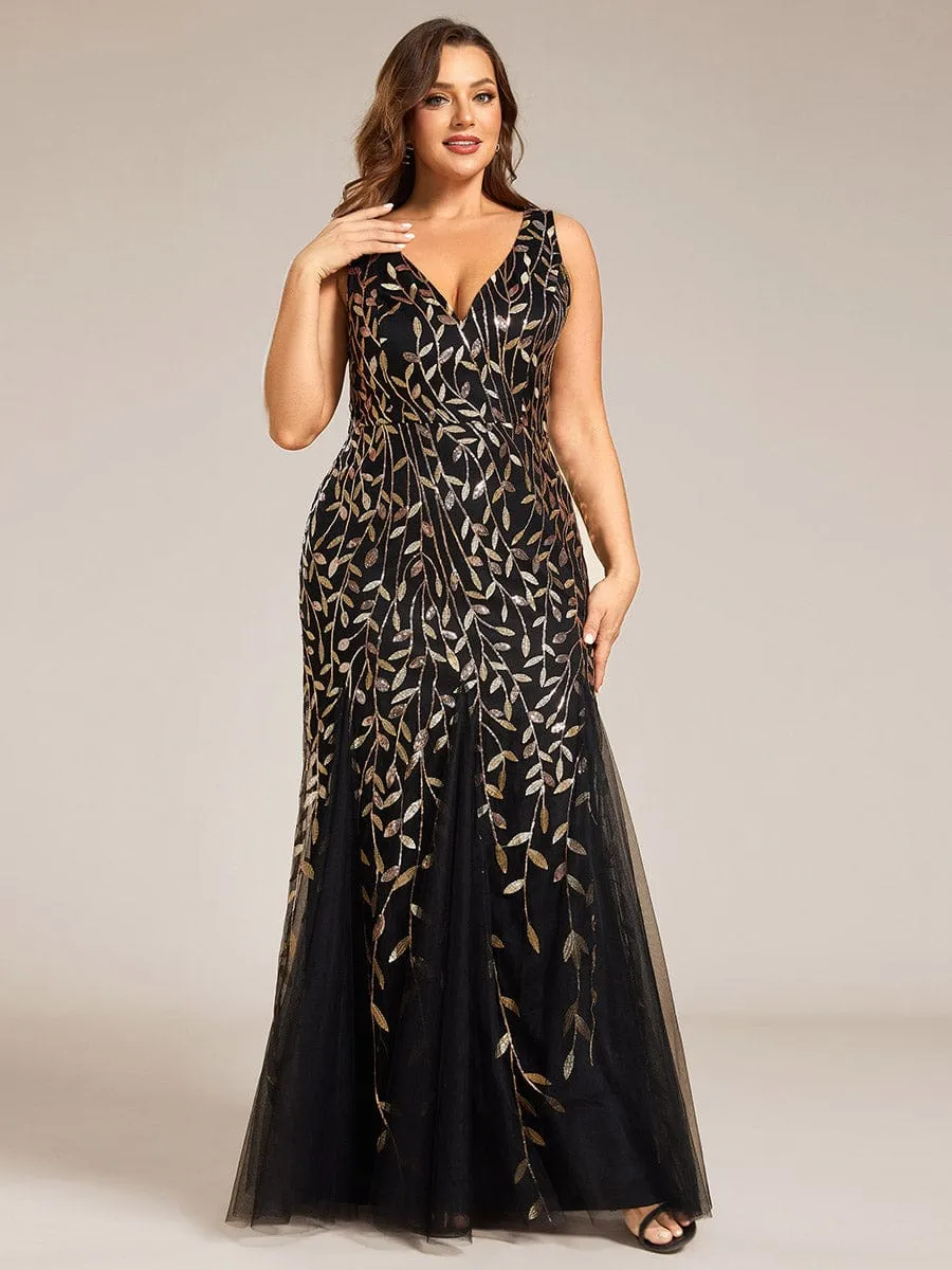 Plus Size Women's V-Neck Fishtail Sequin Evening Dress