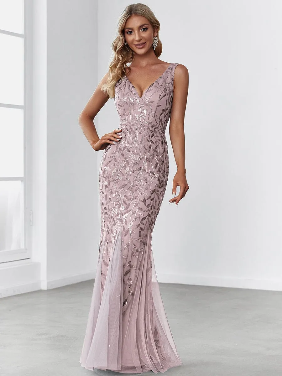 Plus Size Women's V-Neck Fishtail Sequin Evening Dress