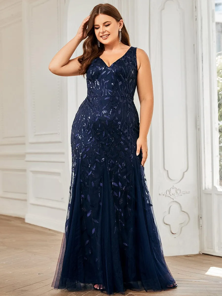 Plus Size Women's V-Neck Fishtail Sequin Evening Dress