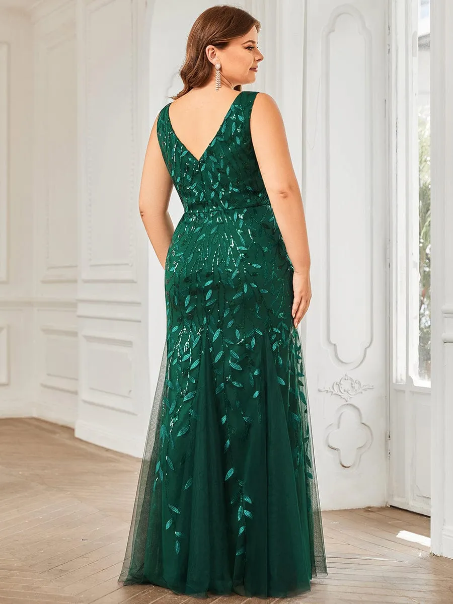 Plus Size Women's V-Neck Fishtail Sequin Evening Dress