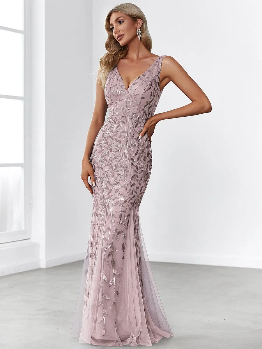 Plus Size Women's V-Neck Fishtail Sequin Evening Dress