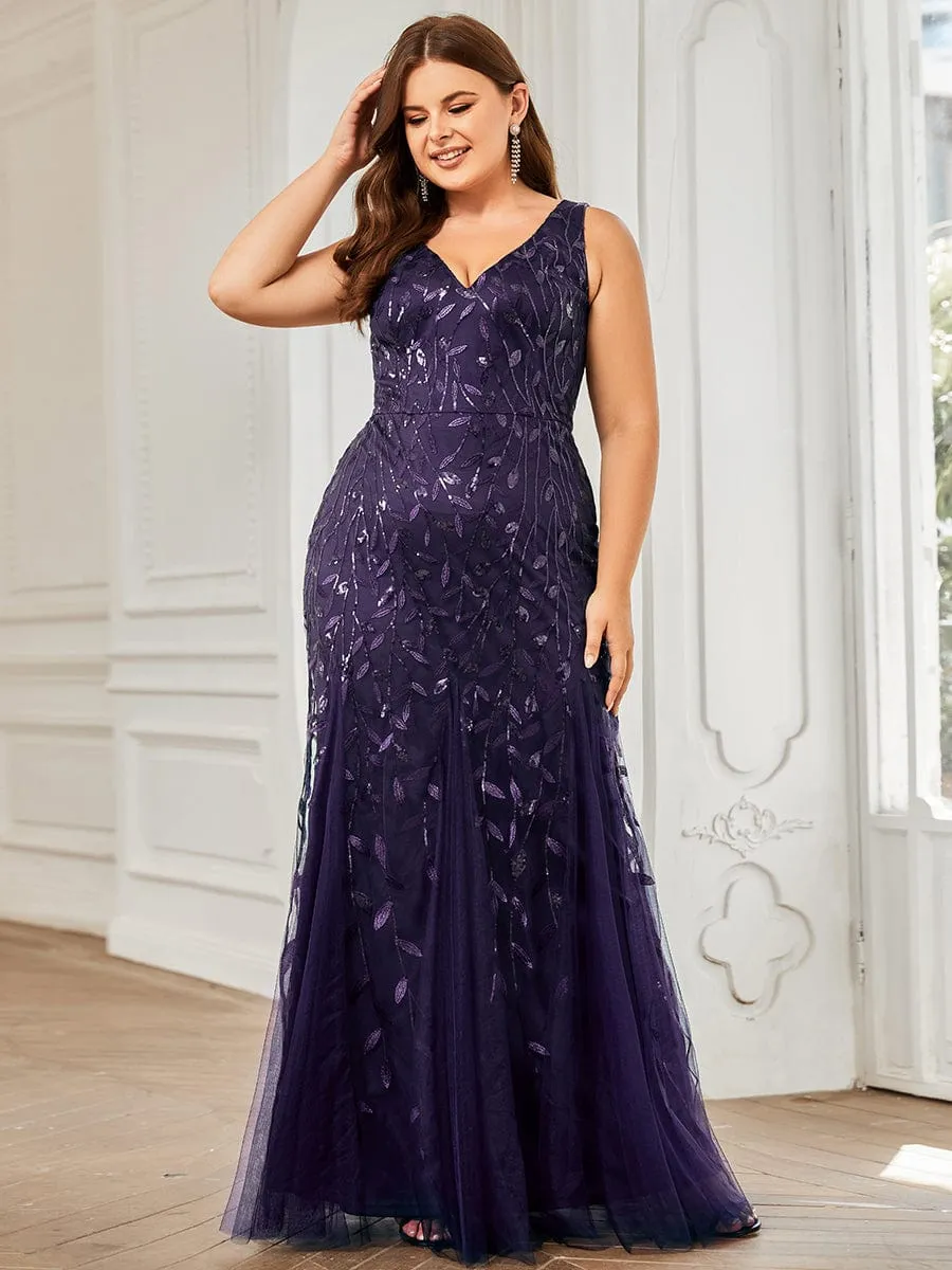 Plus Size Women's V-Neck Fishtail Sequin Evening Dress