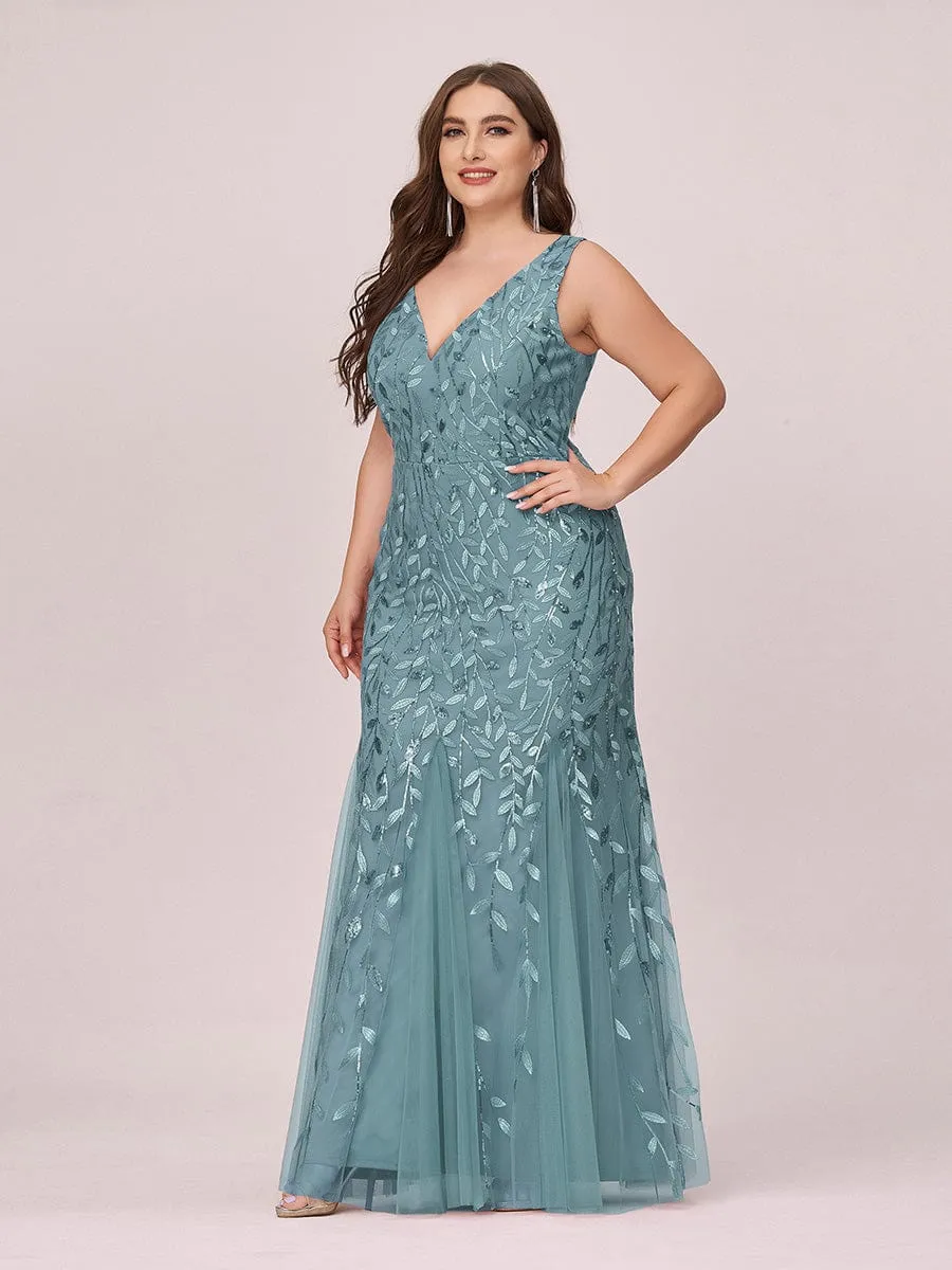 Plus Size Women's V-Neck Fishtail Sequin Evening Dress