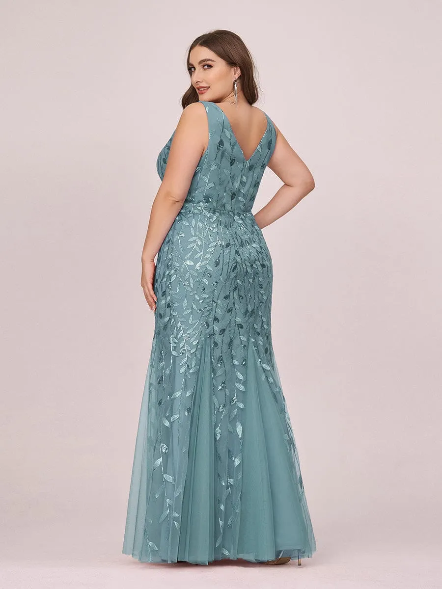 Plus Size Women's V-Neck Fishtail Sequin Evening Dress