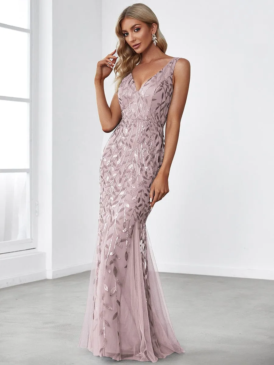 Plus Size Women's V-Neck Fishtail Sequin Evening Dress