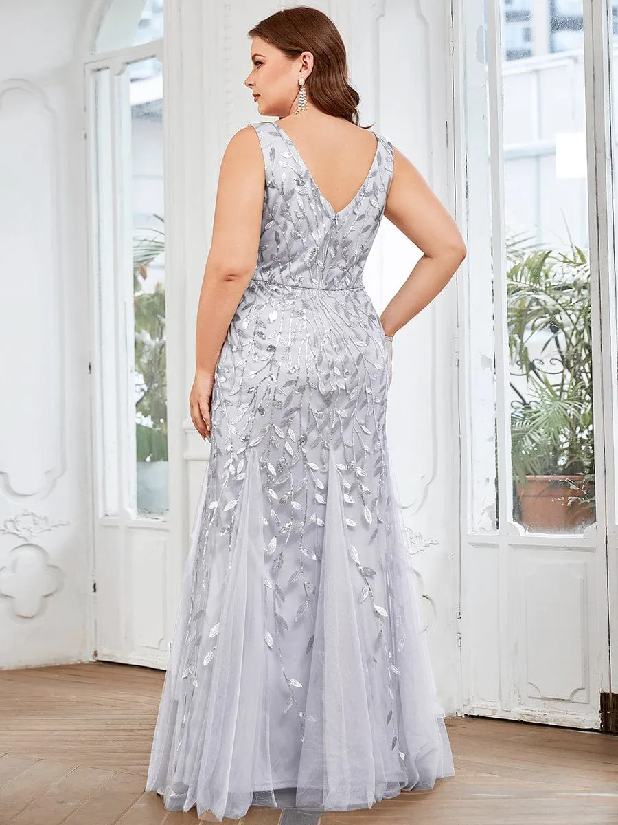 Plus Size Women's V-Neck Fishtail Sequin Evening Dress