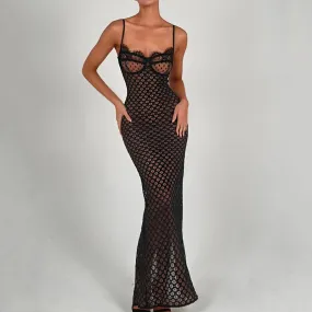 Pmystyle - Sexy Sheer Evening Party Black Bodycon Lace Dress for Women 2024