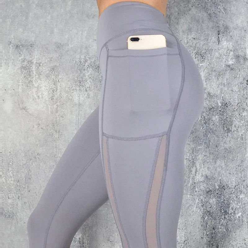 Pocket Leggings Women Mesh Splicing Quick Dry Pants Gym Breathable High Waist Push Up Fitness Casual Leggings