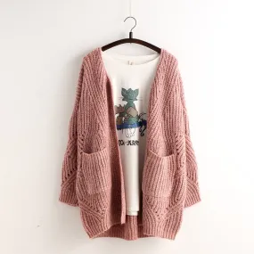 Pocket Loose Knit Cable Hollow Solid Color Sweater      S3047