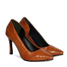 Pointed Toe Cut Croco Textured Tan Leather Sleek Stiletto Ladies Pencil Heel By Brune & Bareskin